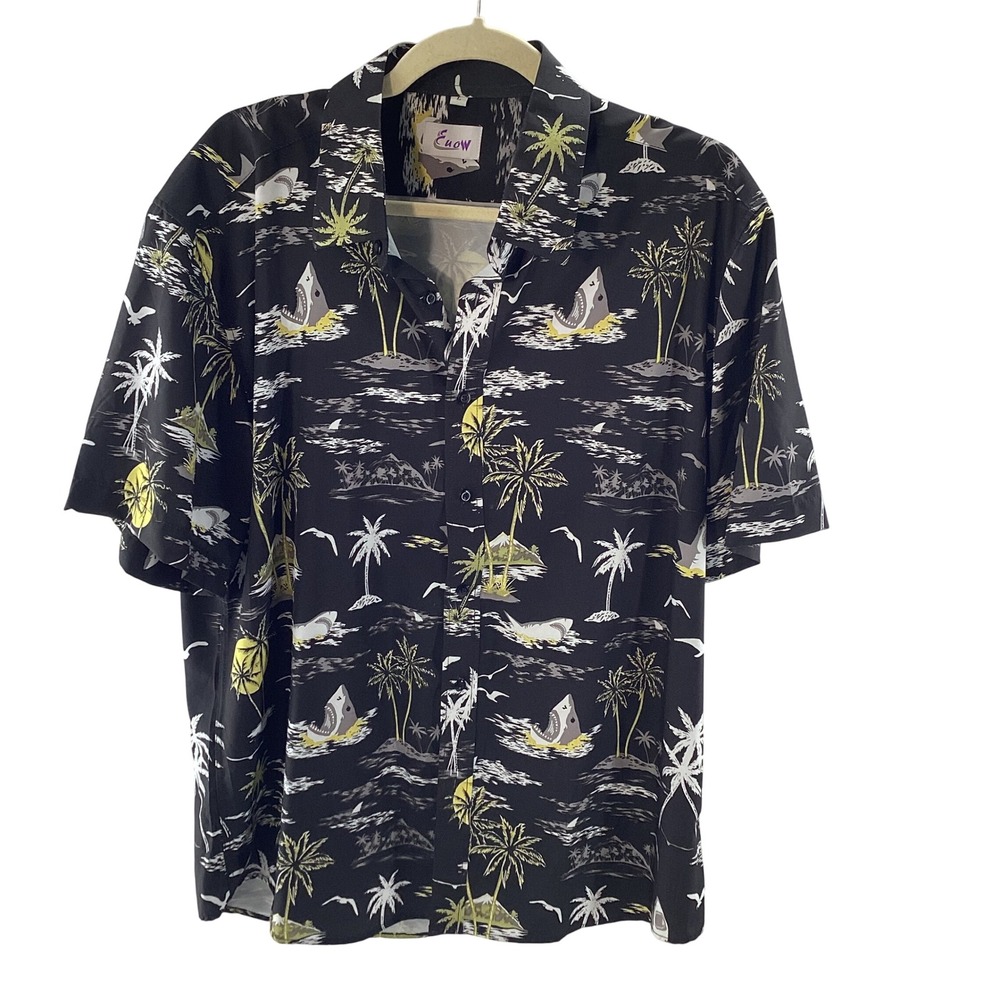 Euow Mens‎ Shark Tropical Palm Tree Print Short Sleeve Button Up Shirt Black L
